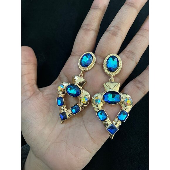 Dark blue earrings , big blue earrings , teal crystal blue Ab earrings teal gold - Picture 4 of 8